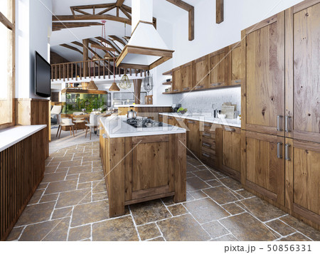 The Large Kitchen In The Loft Style With An Islandのイラスト素材