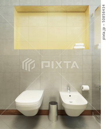 Suspended toilet and bidet on the wall tiles in 50856434