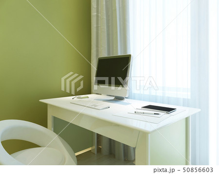 Workplace with mockup monitor on a white table. Workplace with mockup monitor on a white table. 50856603