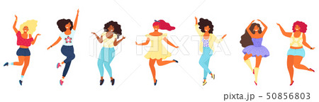 Bundle of dancing different young pretty girls. Modern flat colorful vector illustration. 50856803