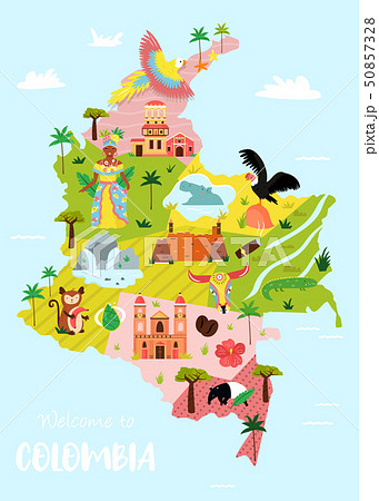 Bright Illustrated Map Of Colombia Travel Bannerのイラスト素材