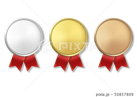 Vector 3d Realistic Gold, Silver and Bronze Award Medal Icon Set with Color Ribbons Closeup Isolated 50857809