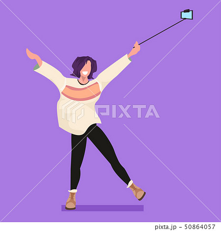 Casual Woman Using Selfie Stick Taking Photo On のイラスト素材