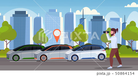 casual man looking through binoculars searching automobile with location pin rent car sharing 50864154