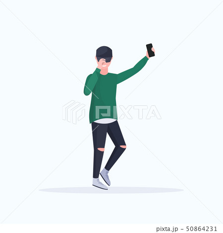man taking selfie photo on smartphone camera casual male cartoon character posing on white 50864231