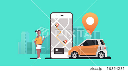 african woman using mobile app ordering automobile vehicle with location mark rent car sharing 50864285