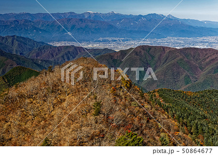 御坂山地・鬼ヶ岳から見る南アルプスと甲府盆地の町並み 50864677