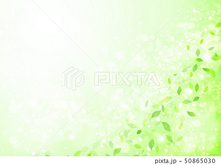 舞う葉っぱと黄緑キラキラ背景のイラスト素材