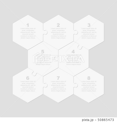 Eight pieces puzzle jigsaw hexagonal info graphic 50865473