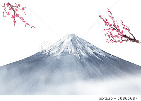 年賀状テンプレート　富士山と梅　水墨画風 50865687