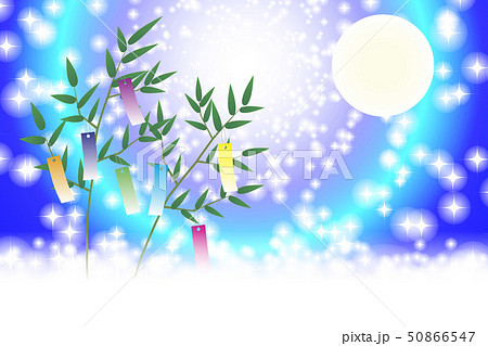 和風素材 七夕祭り 伝統 短冊 竹飾り 夏 天の川 星空 キラキラ 七月 イラスト 無料 夜空 背景のイラスト素材