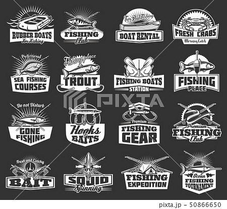 Fishing club adventure, fish catch tackles icons 50866650