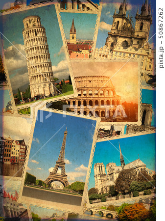 Vintage travel background with retro photos of Vintage travel background with retro photos of 50867262