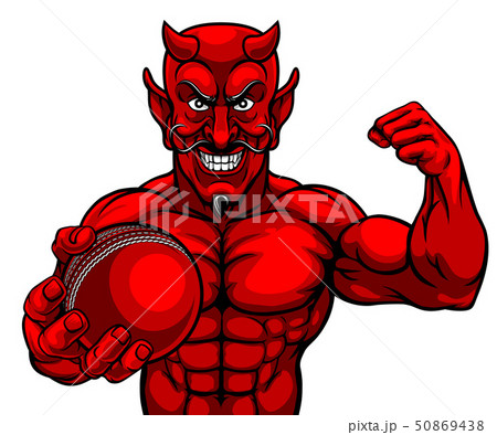 Devil Cricket Sports Mascot Holding Ball 50869438
