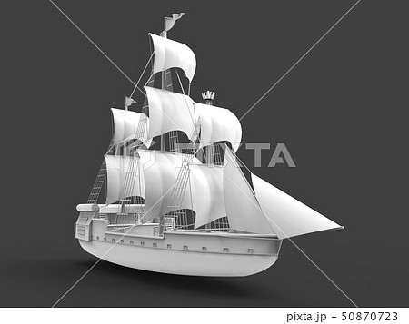 Three-dimensional raster illustration of an ancient sailing ship on a gray background with soft 50870723