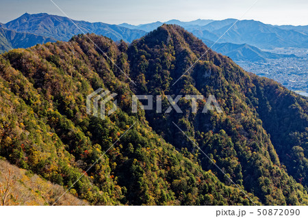 御坂山地・鬼ヶ岳から見る十二ヶ岳と三つ峠・河口湖市街地 50872090