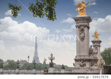 Golden monuments on the bridge Pont Alexander III bridge in Paris overlooking the background the 50917679