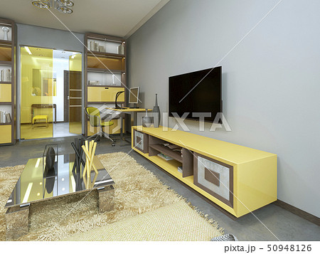 TV unit in living room with yellow TV on the wall. 50948126