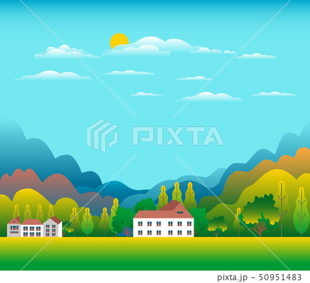 Hills, trees, mountains landscape with house farm Hills, trees, mountains landscape with house farm 50951483