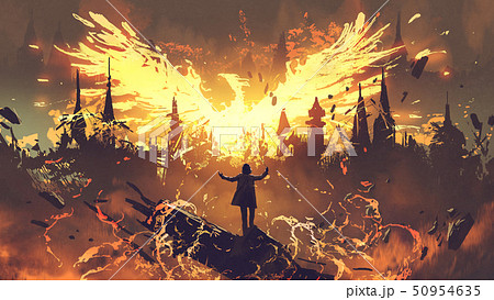 magician summoning the phoenix creature 50954635