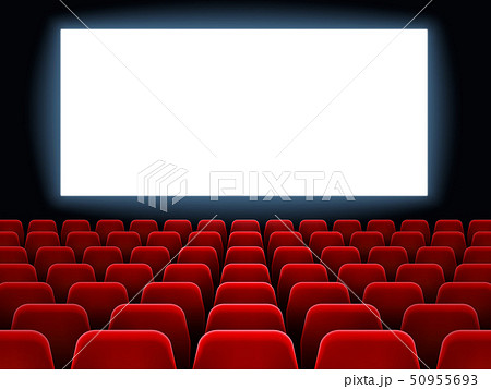 Movie premiere event at cine theatre. Cinema white blank screen at movie hall interior with empty 50955693