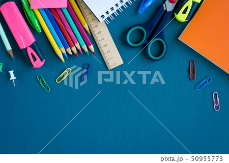School supplies on blue background School supplies on blue background 50955773