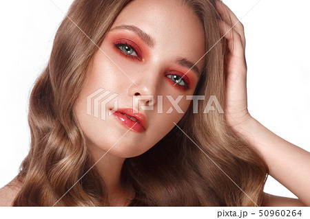 Beautiful fresh girl with perfect skin, bright red make up. Beauty face. 50960264