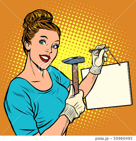 woman nails a sign information announcement 50960495