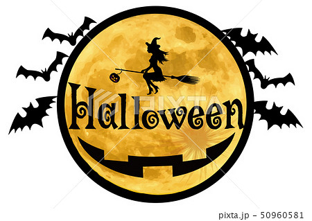 ハロウィンロゴ19 英字 空飛飛ぶ魔女 ハッピーハロウィーン おばけ満月 Halloweenのイラスト素材