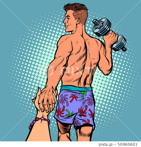 follow me man with dumbbells. sports and fitness follow me man with dumbbells. sports and fitness 50960601