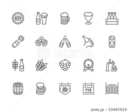 Set of Beer Line Icons. Bottle Cap, Mug, Opener, Wheat Grain, Hop Cone and more. 50965929