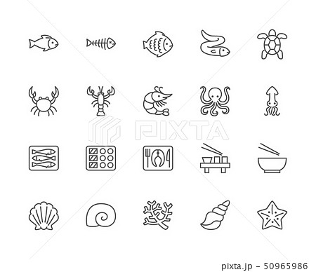 Set of Seafood Line Icons. Fishbone, Fish, Flounder, Eel, Turtle, Crab and more. 50965986