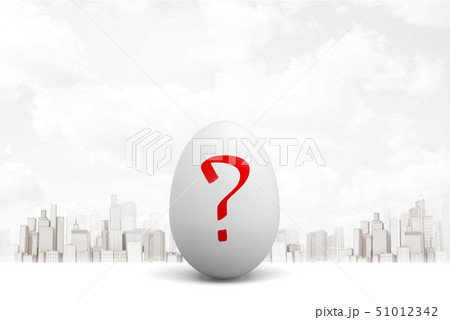 3d rendering of white egg with red question mark on white city skyscrapers background 51012342