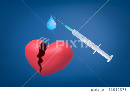 3d rendering of red broken heart and a medical syringe with a blue drop of liquid on blue background 3d rendering of red broken heart and a medical syringe with a blue drop of liquid on blue background 51012373