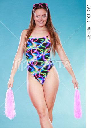 Young woman girl in swimsuit with pom poms. Young woman girl in swimsuit with pom poms. 51054262
