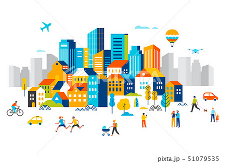 Smart city, landscape city centre with many building, airplane is flying in the sky and people Smart city, landscape city centre with many building, airplane is flying in the sky and people 51079535