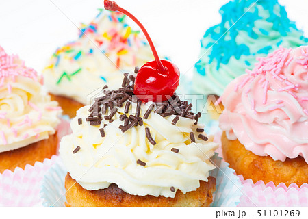 set of cupcakes with whipped cream decorated set of cupcakes with whipped cream decorated 51101269