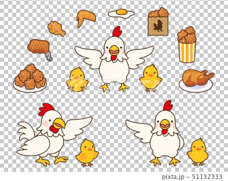 ニワトリとヒヨコの親子と鶏肉料理のイラストセットのイラスト素材