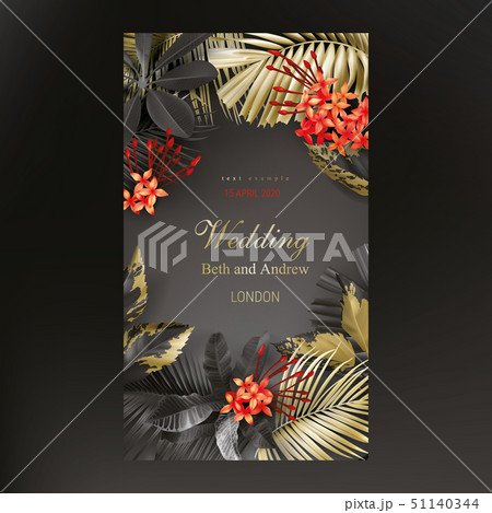Tropical black and gold leaves on dark background 51140344