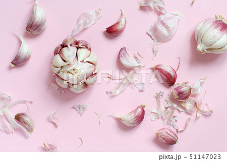 Fresh Garlic On A Light Pink Backgroundの写真素材