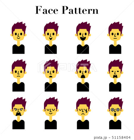 ショートヘアの男性のシンプルでかわいい顔の表情12パターンのイラストセットのイラスト素材