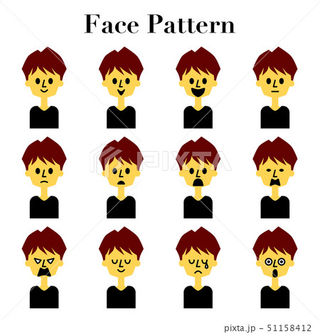 ミディアムヘアの男性のシンプルでかわいい顔の表情12パターンのイラストセットのイラスト素材 51158412 Pixta