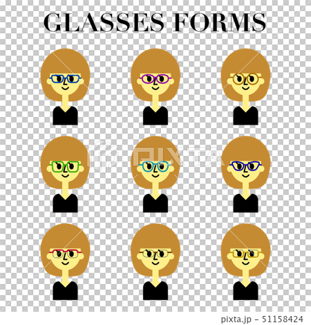 メガネをかけたボブカットの女性のシンプルでかわいい顔の表情12パターンのイラストセットのイラスト素材