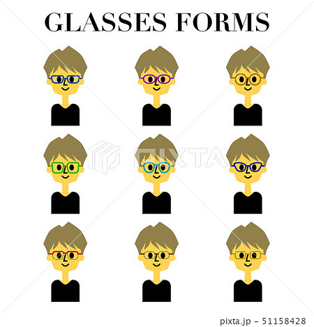 メガネをかけたミディアムヘアの男性のシンプルでかわいい顔の表情9パターンのイラストセットのイラスト素材