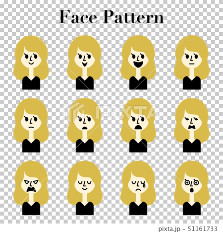 ロングブロンドヘアの女性のシンプルでかわいい顔の表情12パターンのイラストセットのイラスト素材