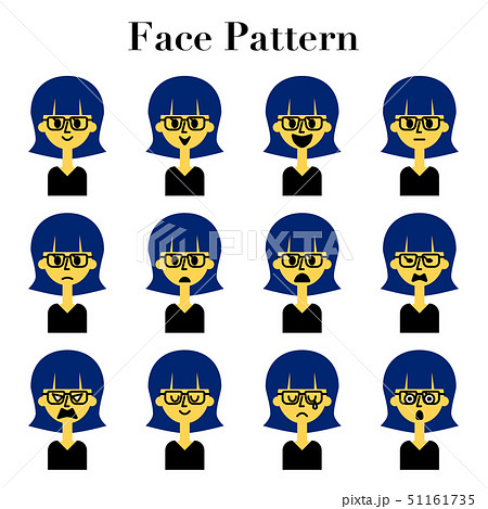 メガネをかけたショートヘアの女性のシンプルでかわいい顔の表情12パターンのイラストセットのイラスト素材