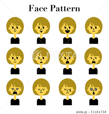 ショートヘアの女性のシンプルでかわいい顔の表情12パターンのイラストセットのイラスト素材