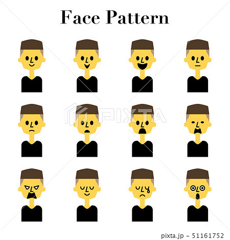 ツーブロックヘアの男性のシンプルでかわいい顔の表情12パターンのイラストセットのイラスト素材