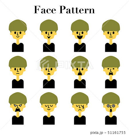 マッシュルームヘアの男性のシンプルでかわいい顔の表情12パターンのイラストセットのイラスト素材 51161755 Pixta