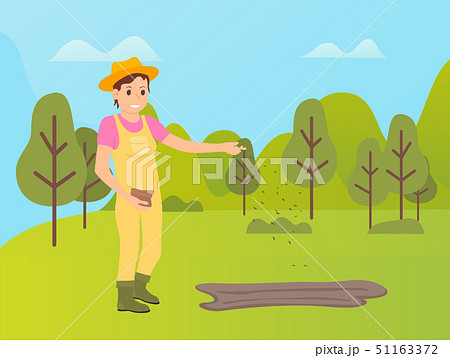 Farmer Woman Sowing Seeds on Field, Farming Person 51163372